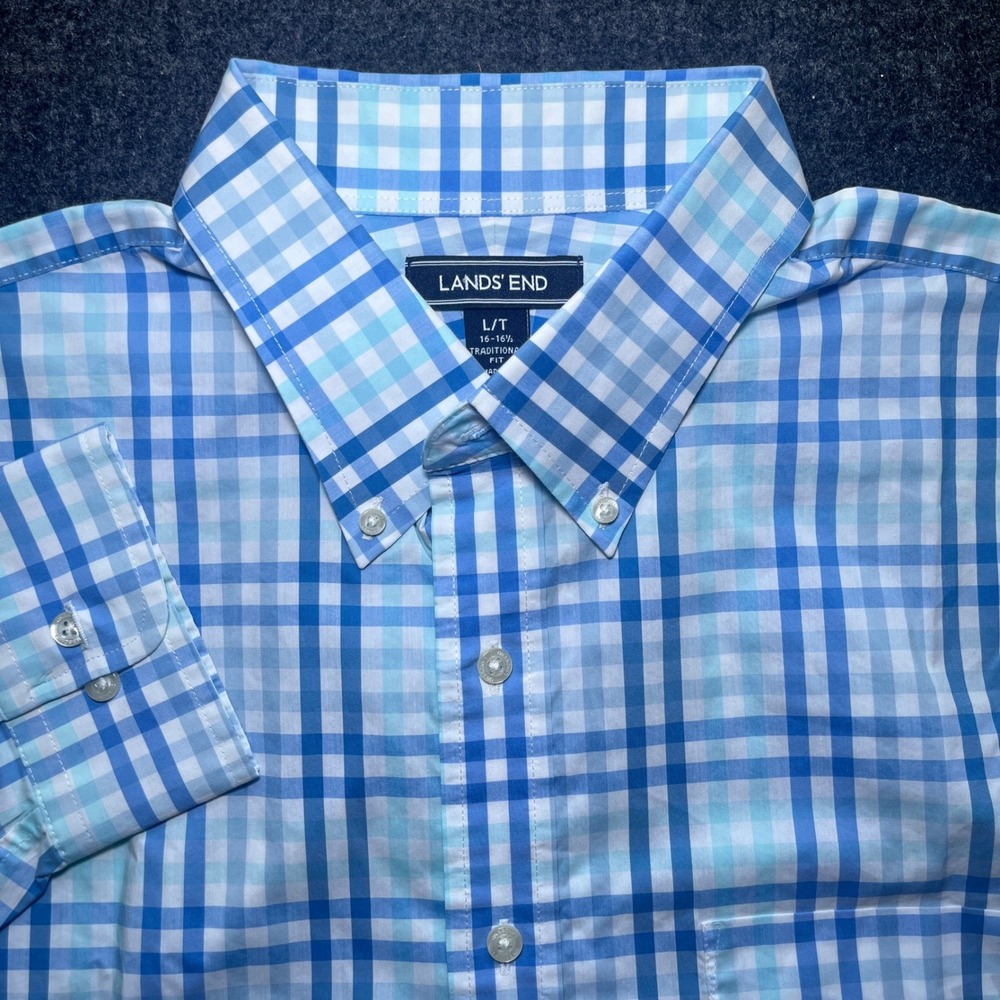 Lands End Button Down Shirt Mens L/T Blue Excellent Plaid Traditional Fit‎